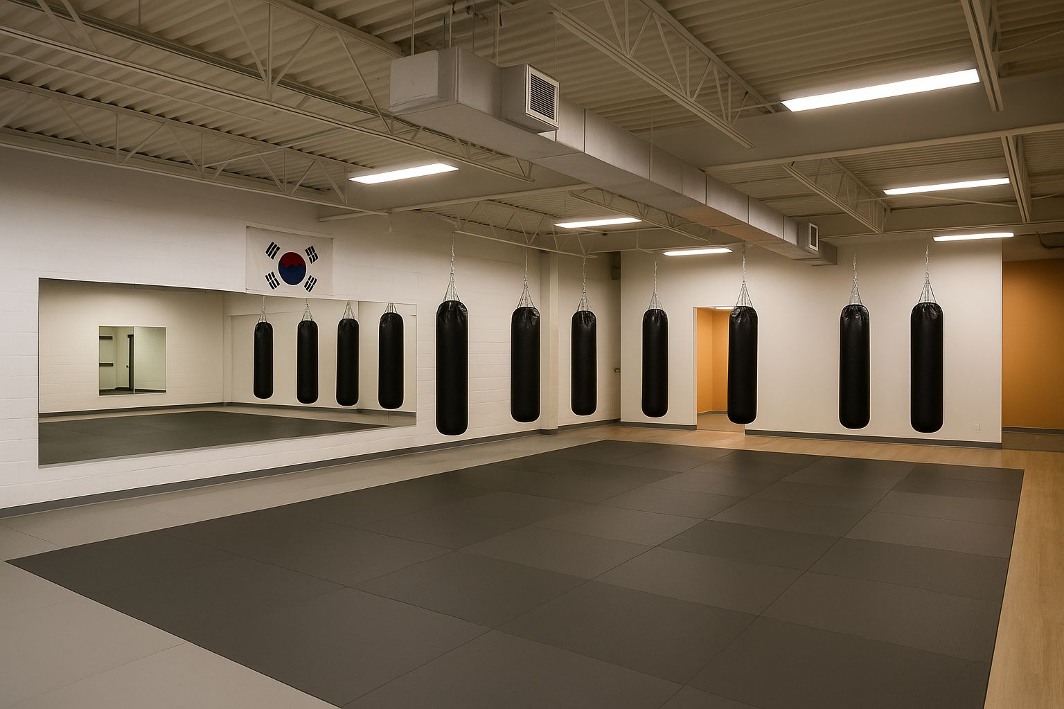 Spacious martial arts gym with matted floor, punching bags, and mirrored wall